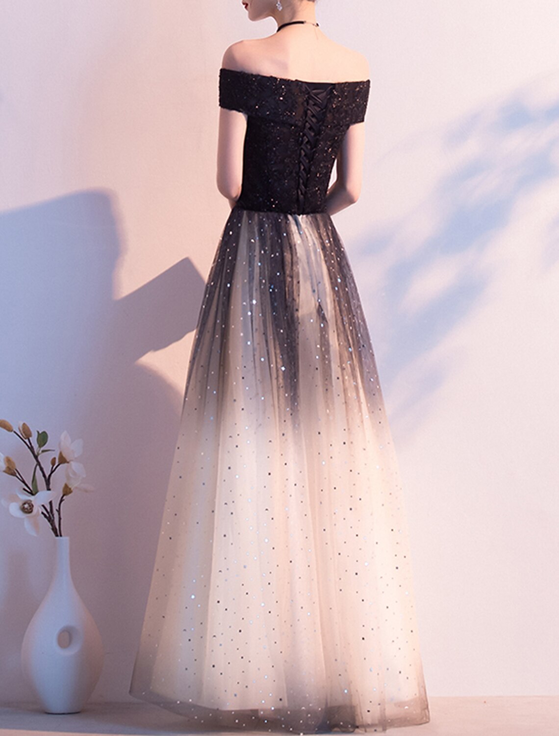 A-Line Evening Gown Glittering Dress Party Wear Formal Evening Floor Length Short Sleeve Off Shoulder Tulle with Sequin